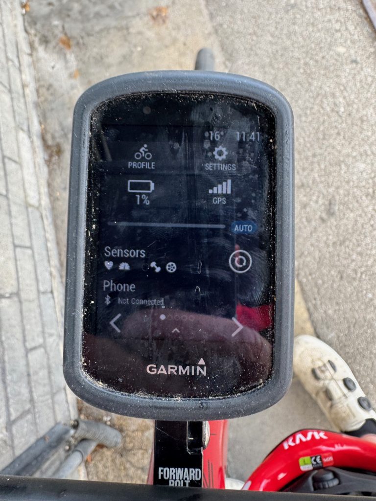 Garmin 830 showing 1% battery left.